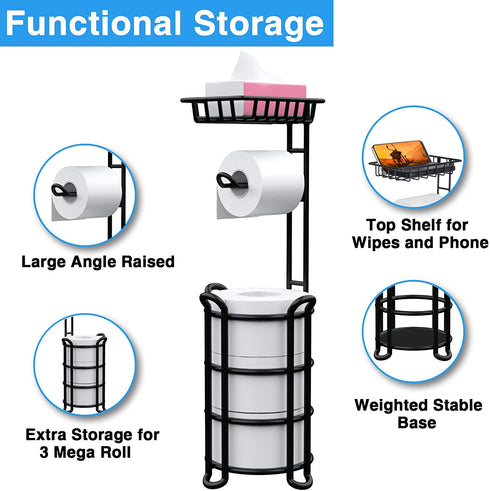 Toilet Paper Holder Stand with Shelf, Free Standing Toilet Tissue Roll Storage Rack for Bathroom, Black