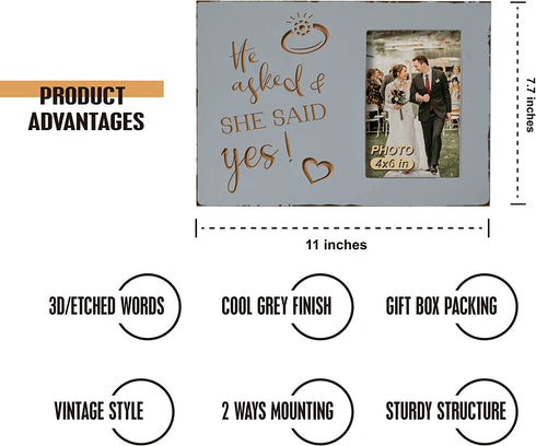 Wedding Engagement Gifts for Women Bride to Be - Lovers Engraved Picture Frame 4x6 Inches - He Asked and She Said Yes
