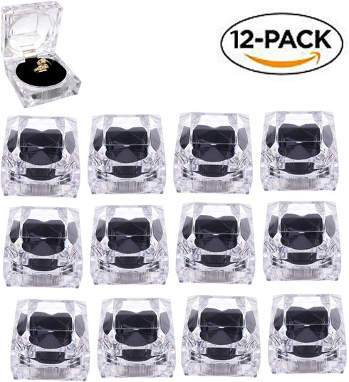 12 pcs Clear Crystal Ring Gift Boxes, Earrings Jewelry Storage Box Acrylic Display Organizer Case for All Kinds of Ring Earrings Velvet Insert Black