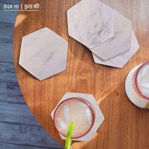 INA KI Natural Marble and Stone Coaster With Anti-Skid Cork Bottom (For home, Kitchen, Bath & Spa)