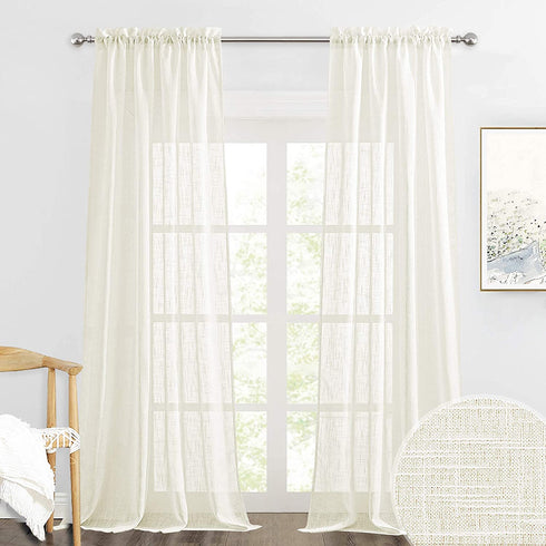 RYB HOME Curtains for Living Room - Linen Texture Sheer Curtains Half Translucent Privacy Curtains for Patio Sliding Glass Door Bedroom Dining, Natural, 52 x 95 inches, 2 Panels