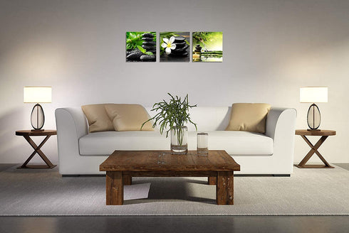 TutuBeer 3 Panel Zen Canvas Wall Art Still Life SPA Stone Green Bamboo White Frangipani Flower Pictures Prints on Canvas for Home Office Kitchen Wall Decor Stretched and Framed Each Panel 12x12inch