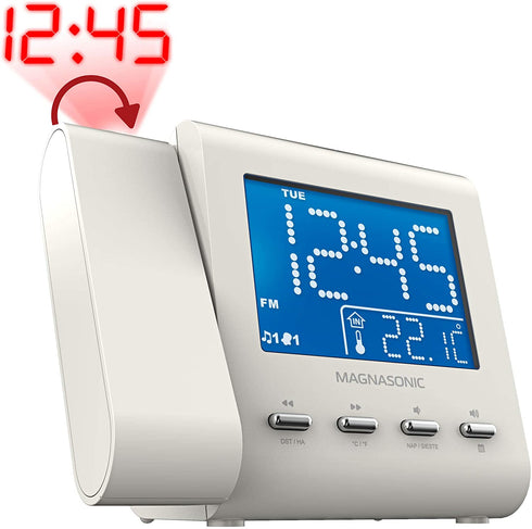 Magnasonic Projection Alarm Clock with AM/FM Radio, Battery Backup, Auto Time Set, Dual Alarm, Nap/Sleep Timer, Indoor Temperature/Date Display with Dimming & 3.5mm Audio Input - White (EAAC601W)