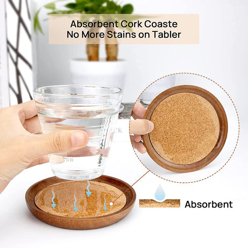 Drink Coasters,4 Cup Coasters for Drinks Absorbent Cork Coasters Set,Natural Wood Stackable Reusable Coasters for Home Office Coffee Bar Table,Rustic Housewarming Gifts for New Home Friends (4 Pack)