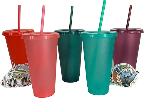 Crazy Chicken Lady Glitter Cups - Large Reusable Cold Tumblers with Lids & Straws | 5-Pack 24oz | Customizable DIY Gifts, Includes Vinyl Decals Sticker Set.