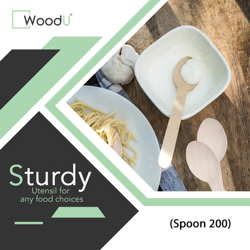 WoodU Disposable Wooden Spoons Natural Birch Wood Biodegradable and Compostable Utensils Cutlery for Party and Dinner- Smooth and round surface (Spoon 200 Pack)