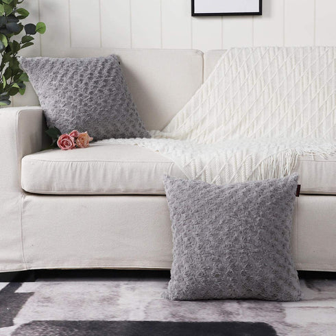 MANDIOO Pack of 2 Grey Faux Fur 3D Flower Pattern Fuzzy Cozy Soft Decorative Throw Pillow Covers Set Cushion Cases Pillowcases for Couch Sofa Bedroom Car 22x22 Inches