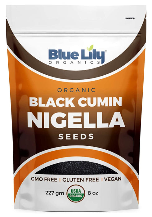 Blue Lily Organics | Raw Nigella Black Cumin Seeds (Nigella Sativa) | Certified Organic Ingredients | Non-GMO & Gluten Free | Healthy Spice w/ Antioxidant & Anti Inflammatory Qualities | 8oz Bag