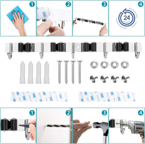 SHYOSUCCE Mop Broom Holder Wall Mount with 4 Racks and 5 Hooks, 304 Stainless Steel Broom Organizer for Garden Garage Kitchen Bathroom (Black)