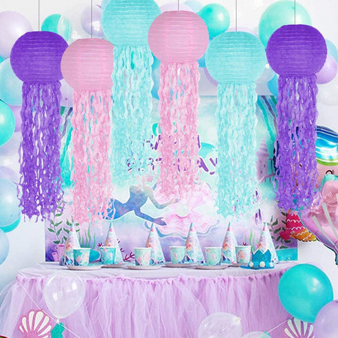 Jelly Fish Paper Lanterns, Pink Purple Blue Hanging Lantern for Mermaid Unicorn Theme Under The Sea Ocean Birthday Party Decorations Set of 6