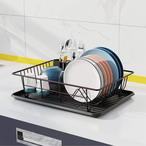 Dish Drying Rack, GSlife Small Dish Rack with Tray Compact Dish Drainer for Kitchen Counter Cabinet ,Bronze