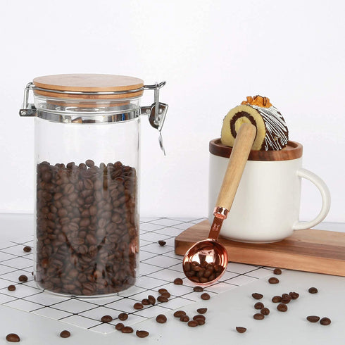 Lanyani Airtight Storage Glass Jars with Bamboo Clamp Lids and Spoons, Leak Proof Clear Glass Container Kitchen Food Storage Canister Set for Coffee, Flour, Sugar, Candy, Cookie(1 40oz Jar+Spoon)