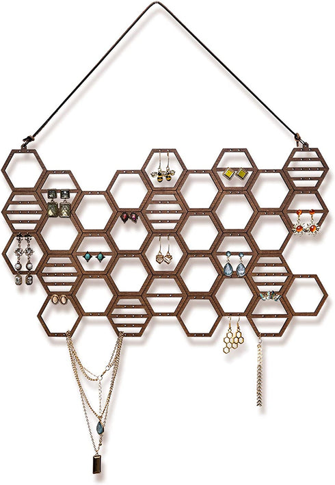 Heesch Hanging Earring Holder Honeycomb Earring Organizer Wall Mount Earring Display Wood Hanging Jewelry Organizer for Stud Earrings, Necklaces (Walnut)