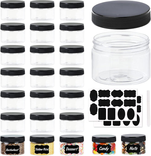 24Pack 4oz Plastic Jars with Lid, DANALLAN Clear Plastic Seasoning Containers with Labels for Cosmetics, Crafts Organizing and Kitchen Food Storage, BPA Free