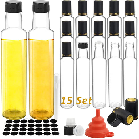 15 Pack Hot Sauce Bottles, YULEER 8.5 oz Woozy Bottles with Leak Proof Screw Black Cap, Shrink Capsule, Snap On Orifice Reducer Dripper Insert, Round Glass Bottles for DIY Hot Sauce, BBQ Sauce, Christmas Gift for Women