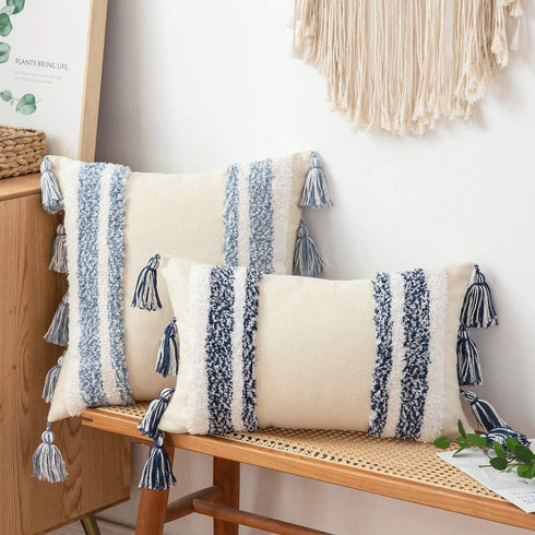 MIULEE Decorative Throw Pillow Cover Tribal Boho Woven Tufted Pillowcase with Tassels Rectangle Pillow Sham Pillowcase Cushion Case for Sofa Couch Bedroom Car Living Room 12x20 Inch Dark Blue