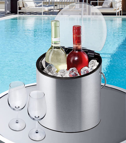 Oggi Stainless Steel Ice and Wine Bucket with Flip Top Lid and Ice Scoop, Holds 2 Bottles
