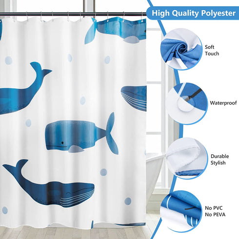 Feagar Fabric Shower Curtain for Bathroom, Blue Cute Whale Shower Stall Curtain with 12 Reinforced Grommets and Hooks, Weighted Hem, Waterproof, Machine Washable, Kids Bathtub Hotel Decor, 72"W x 72"H