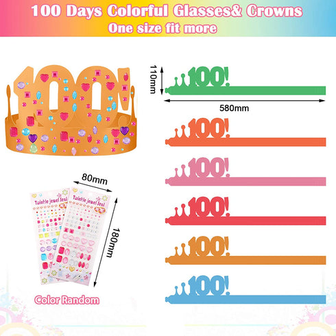 24 Pieces 100 Days Colorful Paper Crowns 6 Colors Adjustable Paper Party Crown with 2 Sheet Crystal Rhinestones Stickers for 100 Days of School Celebration Party Favors, 22.8 x 4.3 inches