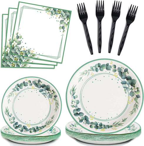96 Pieces Sage Greenery Party Tableware Set Jungle Theme Party Table Decorations Supplies Bridal Baby Shower Safari Birthday Wedding Paper Plates Napkins Forks for 24 Guests