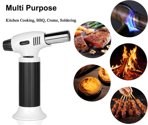CORKAS Blow Torch, Professional Butane Torch Lighter with Safety Lock and Adjustable Flame for Desserts, Creme Brulee, BBQ and Baking Black&White(Gas Not Included)