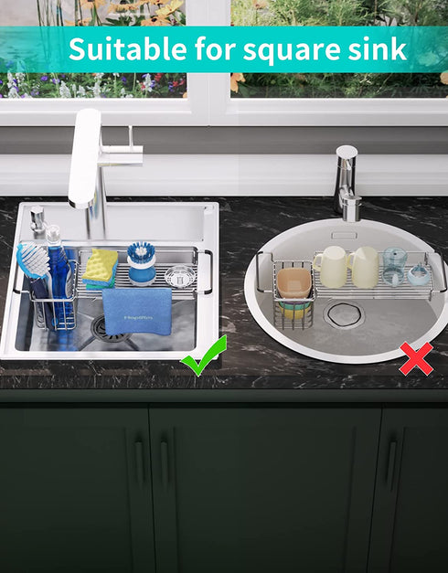 Telescopic Sink Caddy Sponge Holder, Expandable 13-3/4" to 18" Kitchen Sink Organizer with Dish Clothes Hanger for Brush Dishwashing Liquid, Over Sink Rack Rustproof & Non-Slip, Stainless Steel