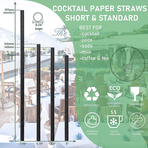 Short Paper Straws Bulk 5.5 inch - 500 ct. Disposable Black Paper Drinking Straw, Sip Stirrers for Cocktail, Coffee and Short Drinks, by CHUN'S STORE