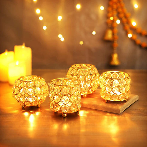 TIED RIBBONS Crystal Tealight Candle Holder for Home D©cor - for Formal Events,Wedding,Church,Holiday Halloween Candle Holder Stand Centerpiece Elegant Decoration Piece for Table (Set of 4)