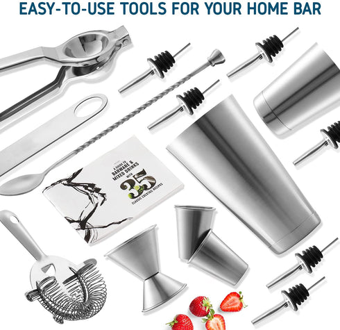 Eatex Bar Set Cocktail Shaker Set - Stainless Steel Bartender Kit, 16 Piece Cocktail Kit, Complete Cocktail Set, Bar Tools: Martini Shaker, Muddler, Cocktail Book, Jigger, Liquor Pourers - Silver