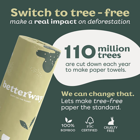 Betterway Bamboo Paper Towels - 6 Rolls, 2 Ply - Plastic Free, Disposable Kitchen Paper Towels - Select Size, Tree Free, Compostable, Strong & Absorbent - Sustainable Product w/ Eco Friendly Packaging