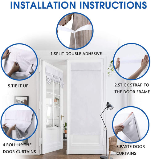 HOMEIDEAS 2 Panels Greyish White Blackout Door Curtains White Privacy French Door Curtains, 26 X 68 Inch Room Darkening Curtains, Thermal Insulated Tie Up Shades Window Curtains for Bedroom