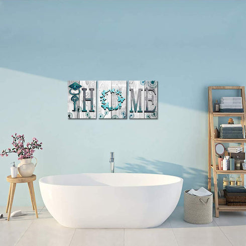 Welmeco Rustic Teal Blue Home Canvas Wall Art Home Sweet Home Butterfly with Dandelion Flowers Picture Prints Framed Artwork for Living Room Bedroom Kitchen Decoration