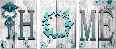 Welmeco Rustic Teal Blue Home Canvas Wall Art Home Sweet Home Butterfly with Dandelion Flowers Picture Prints Framed Artwork for Living Room Bedroom Kitchen Decoration