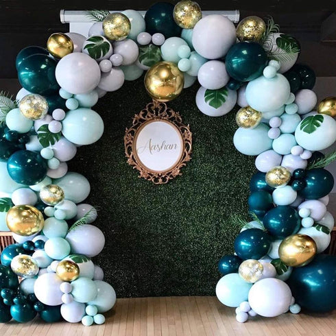 Jungle Safari Themed Balloon Garland Kit Green Aqua Blue Metal Gold Confetti balloons and Palm,Lvy Turtle Leaves for Baby Shower Decorations Boy or Girl Birthday Wild One