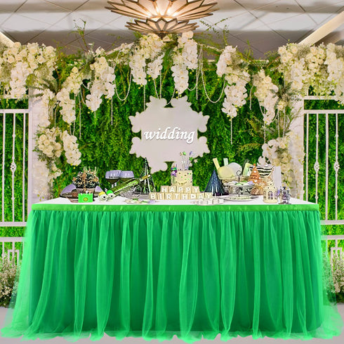 6FT Green Tulle Table Skirt Tutu Table Cloth for St. Patrick's Day Kids Birthday Party Dessert Round Tables Christmas Home Decoration(L 6(ft),H30in)