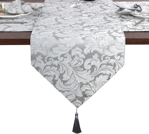 EHouseHome Jacquard Damask Reversible Silver Grey Table Runners with Tassels 13 x 72 inch Wrinkle and Water Resistant Spill-Proof Decorative Dining and Wedding Runners
