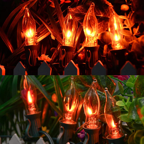 Pallerina 10Ft Flickering Flame String Lights with 10 C18 Flicker Amber Flame Lights Bulbs, E12 Candlestick Base Halloween Christmas String Lights for Party Indoor Outdoor Decor, 1 Watt- Green Wire