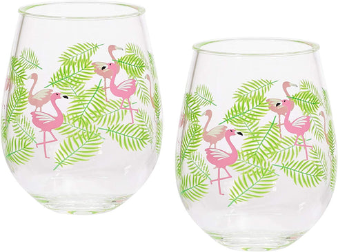 X&O Paper Goods Tropical Pink Flamingo and Palm Leaf Plastic Stemless Wine Glasses, 2pc, 12 oz., 3.5'' W x 4.5'' H