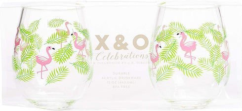 X&O Paper Goods Tropical Pink Flamingo and Palm Leaf Plastic Stemless Wine Glasses, 2pc, 12 oz., 3.5'' W x 4.5'' H