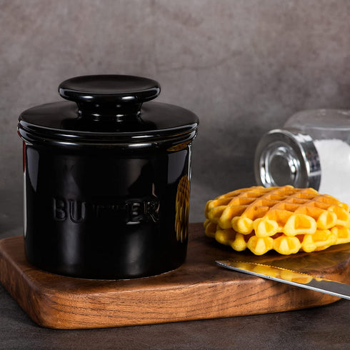 Warome Butter Holder, French Butter Crock for Counter, Farmhouse Butter Keeper With Water Line French Butter Dish with Lid, Perfect Spreadable Consistency(Black)