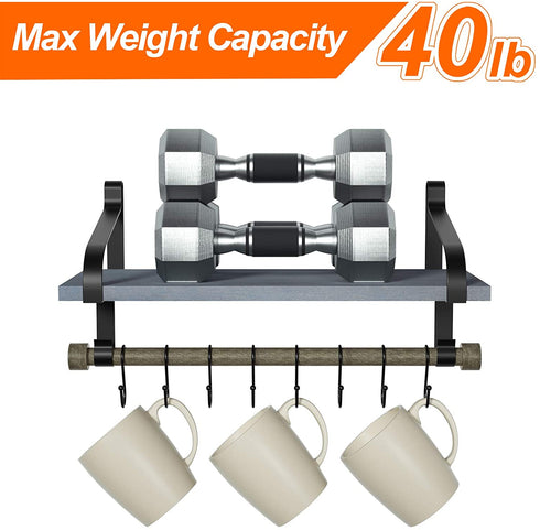 Love-KANKEI Wall Shelf for Storage Rustic Wood Kitchen Spice Rack with Towel Bar and 8 Removable Hooks for Organize Cooking Utensils or Mugs Floating Shelf Weathered Grey