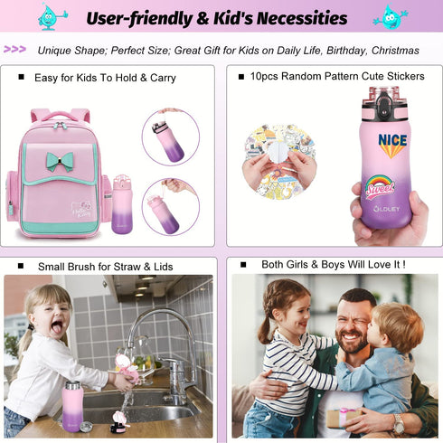 12 oz Insulated Kids Water Bottle with Straw/Chug/2 One-Click-Open Lids 10 Stickers Fruit Strainer Stainless Steel Water Bottles Double Wall Vacuum Wide Mouth BPA Free Sweat & Leak-Proof for School