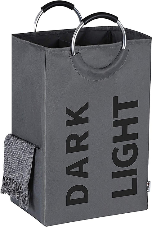 Double Laundry Hamper with Comfortable Handle, Waterproof Oxford Cloth Laundry Basket,Self-Standing Clothes Hamper,Folding Storage Organizers for Dorm Room (Dark Gray)