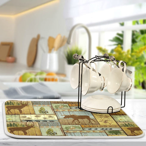 Moose Deer Cabins Dish Drying Mat 18x24 inch Microfiber Wildlife Bear Dish Drainer Mat with Hanging Loop Reversible Animal Forest Dish Draining Mat Retro Cabin Drying Pad for Kitchen Counter Sink