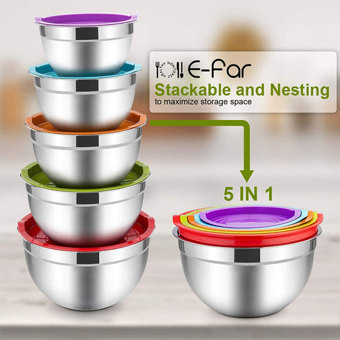 Mixing Bowls with Lids Set of 5, E-far Stainless Steel Mixing Bowls Metal Nesting Bowls with Airtight Lids, Non-toxic & Dishwasher Safe, Great for Cooking, Baking, Serving - Size 0.7/1/1.5/3/4.5QT