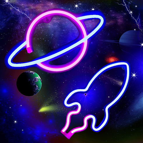 2 Pcs Neon Signs,Led Neon Sign Rocket Planet Decorative Battery or USB Operated Neon Lights Light Up for Bedroom/Kids Room/Home