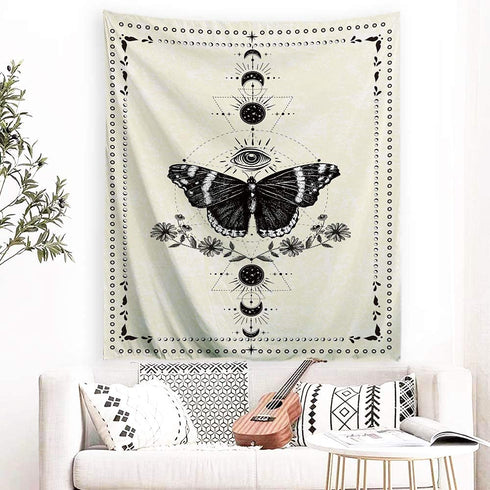 MENORCA Moon Phase Butterfly Wall Tapestry Hanging For Bedroom Aesthetic, Vertical Beige Vintage Tapestry-60 Inch Wide * 80 Inch High