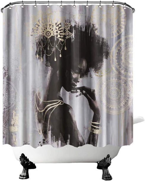 OuElegent African Woman Shower Curtain Black Girl with Mandala Pattern Decorations Bath Curtain Waterproof Fabric Bathroom Decor with Hooks 72x72 Inches Grey