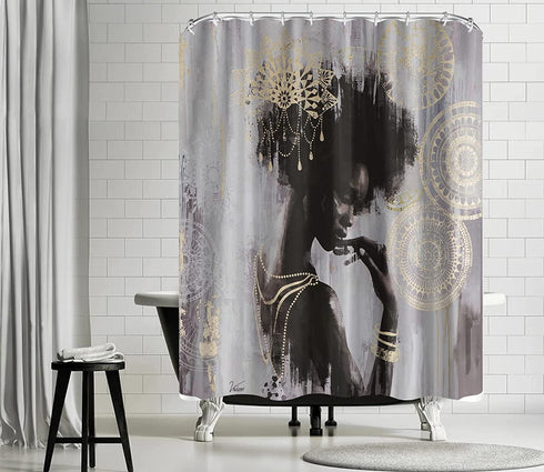 OuElegent African Woman Shower Curtain Black Girl with Mandala Pattern Decorations Bath Curtain Waterproof Fabric Bathroom Decor with Hooks 72x72 Inches Grey