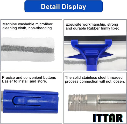 ITTAR Window Squeegee Cleaning Tools, 2 in 1 Window Washing Squeegee with Extension Pole 58'' Long Handle for Window Shower Glass Door Household Tool